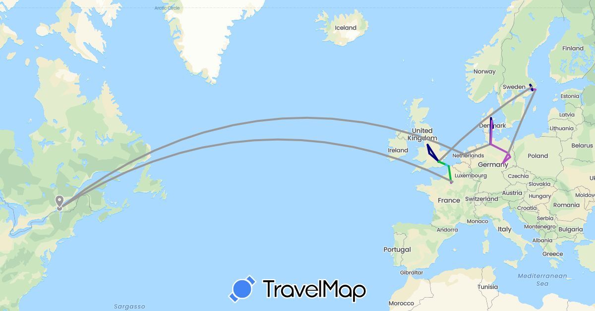 TravelMap itinerary: driving, bus, plane, train, boat in Canada, Germany, Denmark, France, United Kingdom, Netherlands, Sweden (Europe, North America)