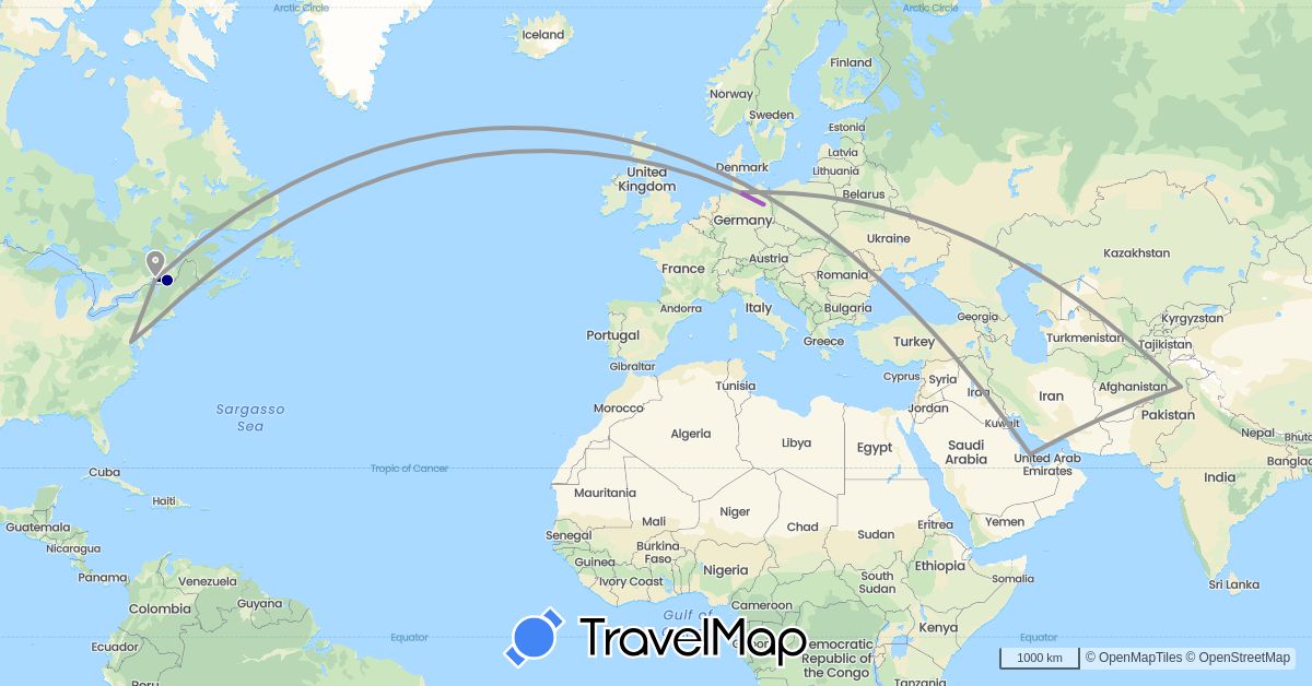 TravelMap itinerary: driving, bus, plane, train in Canada, Germany, Pakistan, Qatar, United States (Asia, Europe, North America)